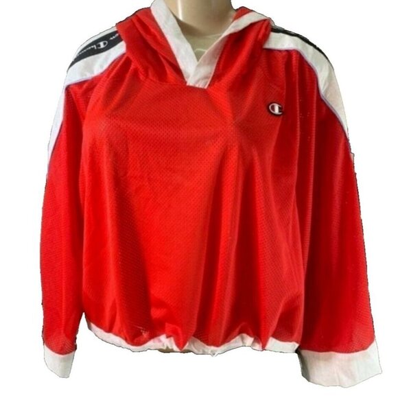 Champion XL Red Logo White Striped Drawcord Hem 3/4 Zip Sleeve Crop Hoodie Top - Picture 2 of 5